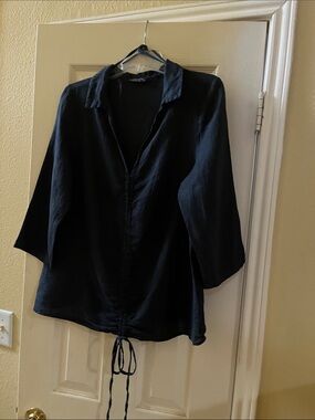 Francesca Bettini-Navy Blue 100% Linen Drawstring Top-Medium-Made In Italy 🇮🇹